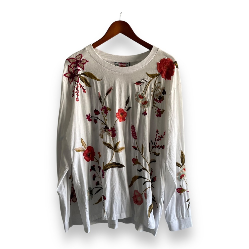 Johnny Was Flore White Floral Embroidered Cotton Long Sleeve Tee Size XL